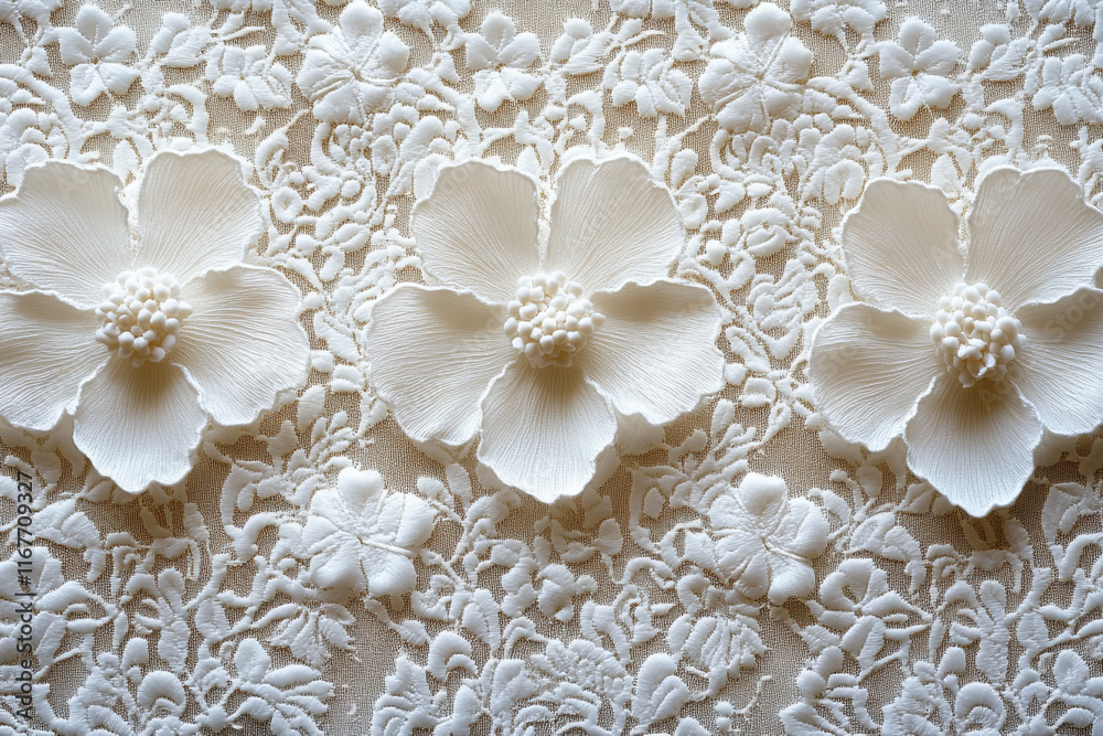 Delicate white flowers adorn a lace background in a beautifully crafted design. Generative AI Delicate white flowers adorn a lace background in a beautifully crafted design. Generative AI