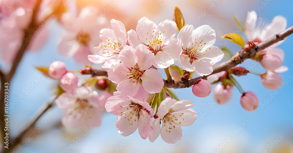 Naklejka premium Cherry tree branch blooming with pink flowers in spring