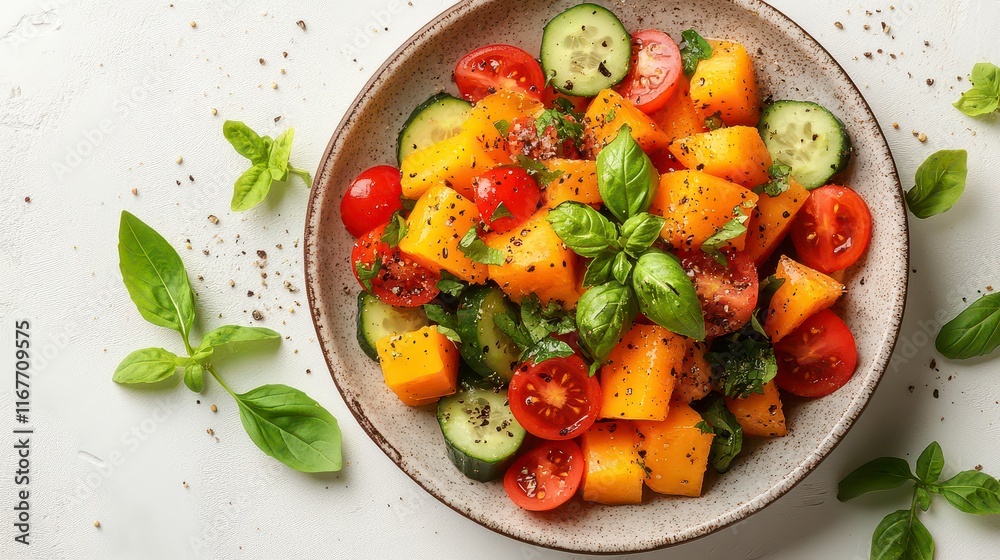 Fresh summer salad with diced mango, cherry tomatoes, cucumber, and basil in a bowl. Fresh summer salad with diced mango, cherry tomatoes, cucumber, and basil in a bowl.