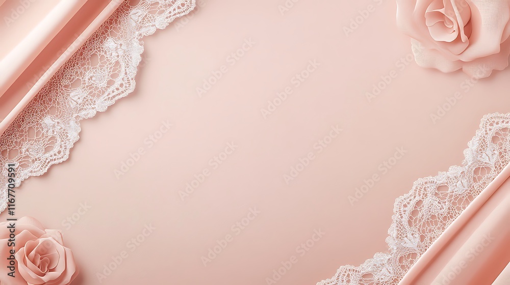 Fototapeta premium Elegant Blush Roses Lace and Silk Fabric Background