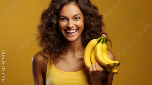 Happy woman holding bananas in her hand