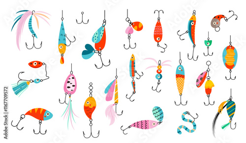Fishing lures. Baits for catching fish, fishing equipment. Isolated different colorful angling, lure, fisherman tools for seasonal hobby, nowaday vector set