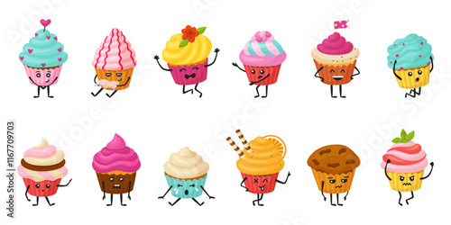 Cupcake characters. Cute cartoon cupcakes different emotions. Positive muffins with faces and creamy hats. Isolated bakery neoteric vector characters