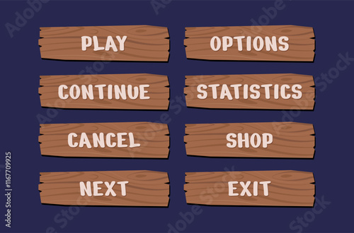 Set of wooden game menu buttons designed for adventure, fantasy, or casual games. Perfect for user interface design, mobile and PC games, RPGs.