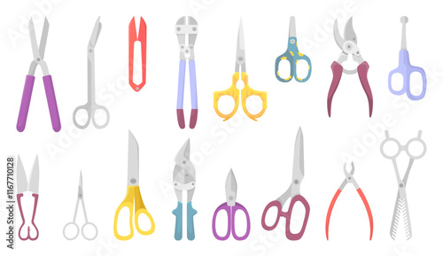 Different flat scissors. Isolated scissor and nippers, cutting equipment. Tools for workshop, cut equipment for carton paper fabric, neoteric vector set