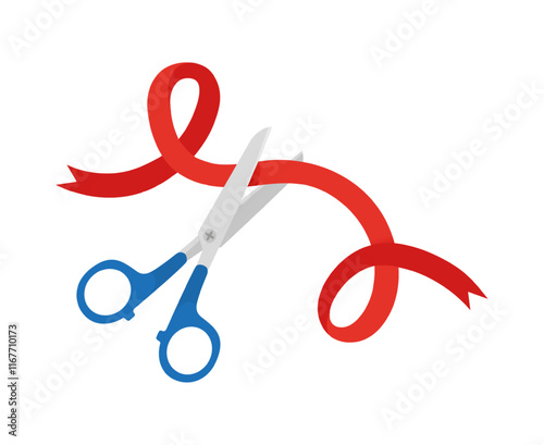 Ribbon cutting scissors. Red banner cut scissor. Opening ceremony, inauguration new building, office, business, store isolated neoteric vector decorative element