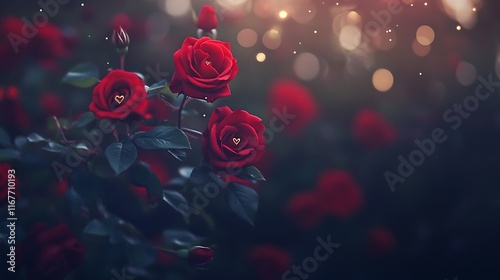 a collection of red roses and golden hearts surrounded by soft bokeh lights 