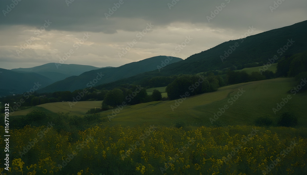 Obraz premium Yellow flowers blooming in meadow near forest with mountains in background