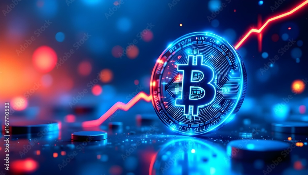 Energetic Cryptocurrency Visual of Bitcoin Coin Amidst Neon Lights Energetic Cryptocurrency Visual of Bitcoin Coin Amidst Neon Lights