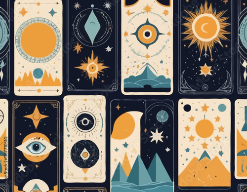 Magical tarot cards deck set. Spiritual moon and celestial eye symbols. Vector illustration. Astrology or sacred geometry poster design. Magic occult pattern, esoteric boho style.