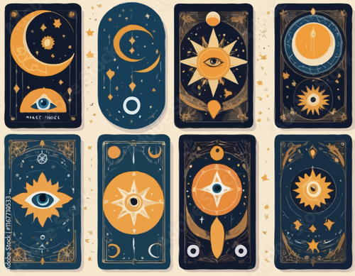 Magical tarot cards deck set. Spiritual moon and celestial eye symbols. Vector illustration. Astrology or sacred geometry poster design. Magic occult pattern, esoteric boho style.