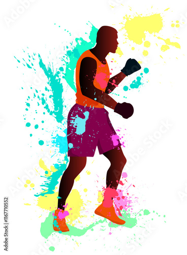 Boxer with gloves. A bright boxer in gloves. A sportsman before a fight. A boxer ready for a fight. A boxer