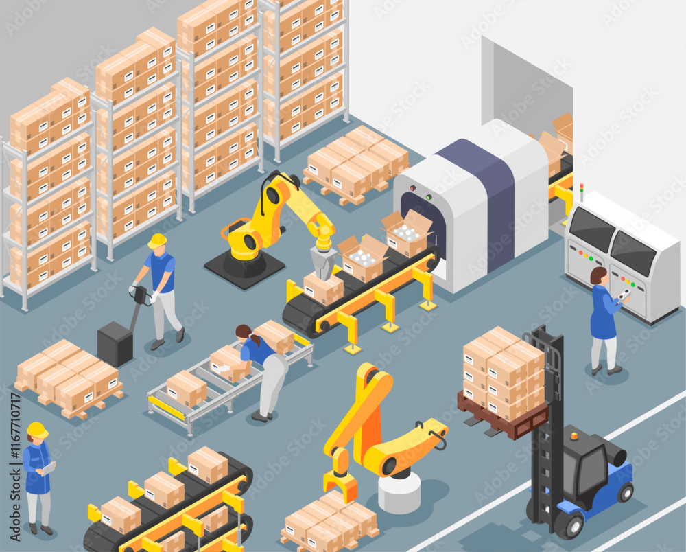 Obraz premium Isometric manufacturing. Workers working on assembly line, conveyor, with robotics arms and modern factory machines. Robots and people, flawless vector scene
