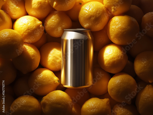 Blank aluminum can mockup surrounded by lemons