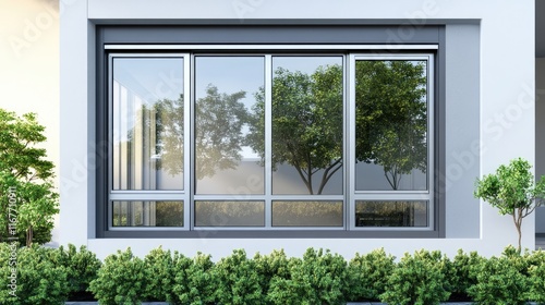 Modern sliding glass window with greenery. photo