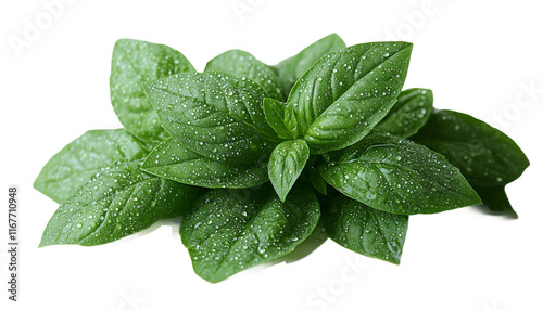 A pile of fresh, vibrant basil leaves with droplets of water on a transparent background,  Fresh Basil Leaves Pile on a transparent background