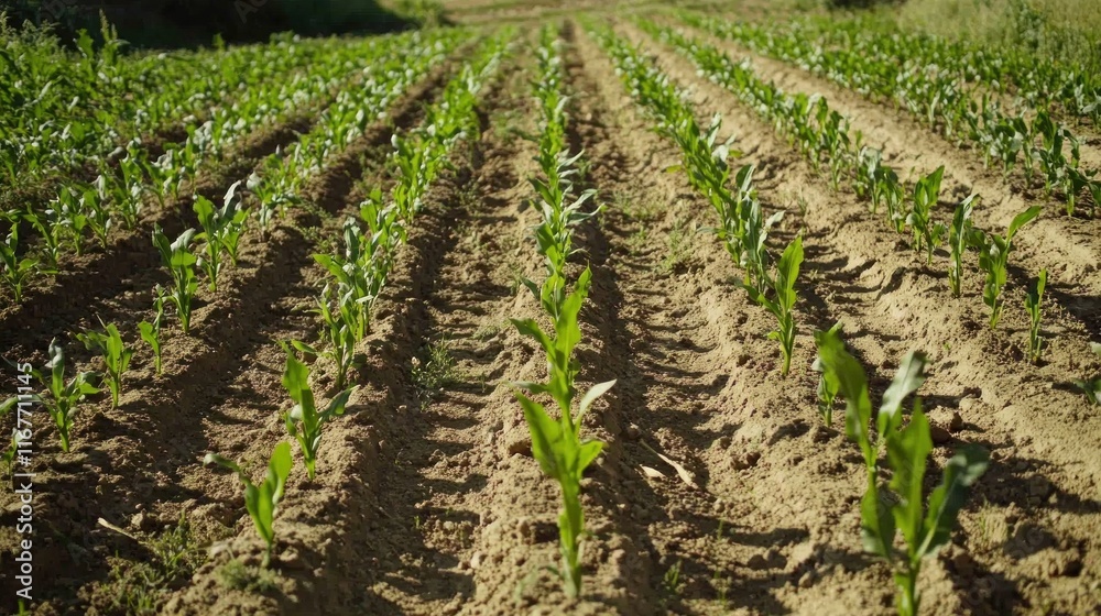 Young corn plants growing in rows in a field. Young corn plants growing in rows in a field.