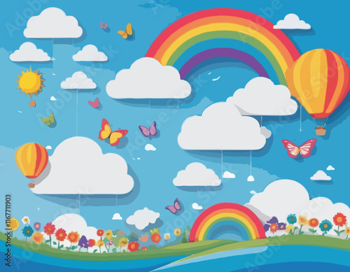 Beautiful fluffy clouds on blue sky background with summer sun, butterfly, hot air balloons and rainbow. Vector illustration. Paper cut style. Place for text