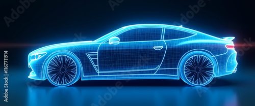 Futuristic car concept in a digital wireframe, showcasing elegant lines and a vibrant blue color palette, generative ai