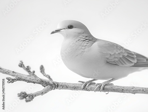 Mourning Dove Zenaida macroura soft brown pigeon subtle pink tones perched on a slender branch isolated on white for serene and calming visuals photo