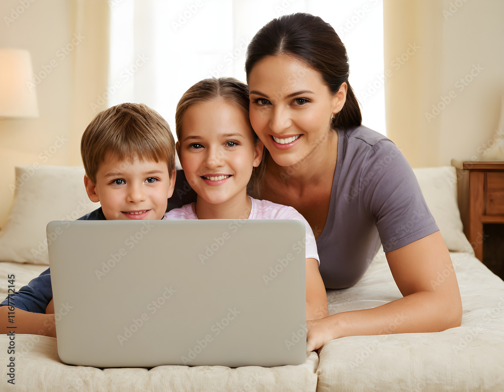 Happy family using laptop together in bedroom Happy family using laptop together in bedroom