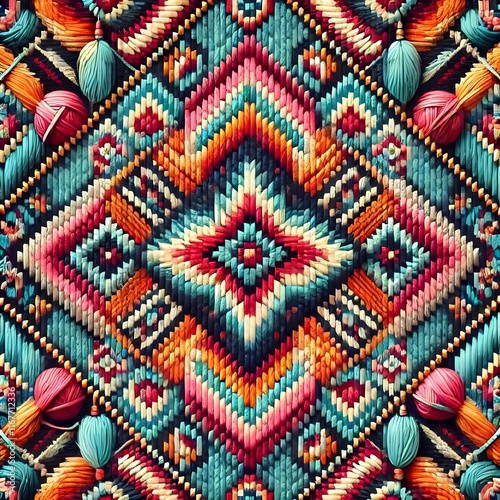 a vibrant native american-inspired yarn pattern featuring symmetrical geometric shapes.