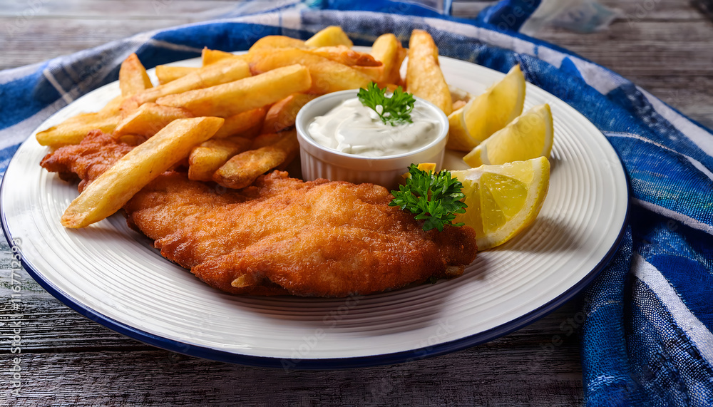 fish, and, chips, with, pommes, frites, new, modern, food, meat, meal, dinner, blue, color, citron, plate, dish, fried, vegetable, lunch, on, wooden, table, tablecloth, nordic, style, bohemian, macro,