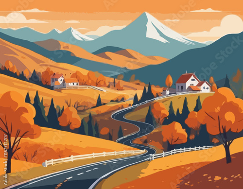 Mountain autumn landscape vector illustration. Cartoon scenery poster, orange valley in hills, road, golden leaves trees. Outdoor modern concept, village countryside scene