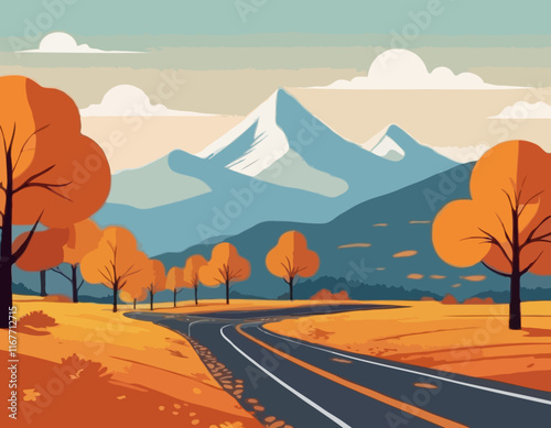 Mountain autumn landscape vector illustration. Cartoon scenery poster, orange valley in hills, road, golden leaves trees. Outdoor modern concept, village countryside scene