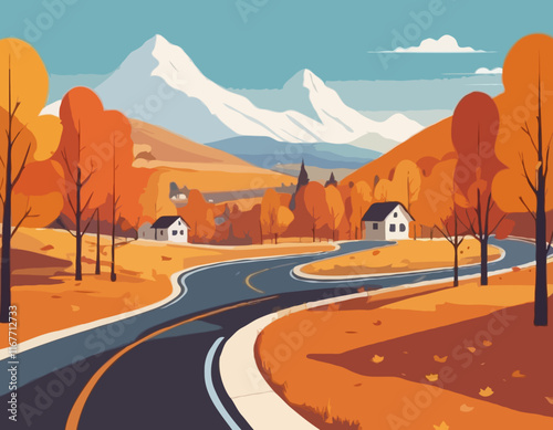 Mountain autumn landscape vector illustration. Cartoon scenery poster, orange valley in hills, road, golden leaves trees. Outdoor modern concept, village countryside scene