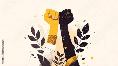 Two raised fists symbolizing unity and social justice with floral elements