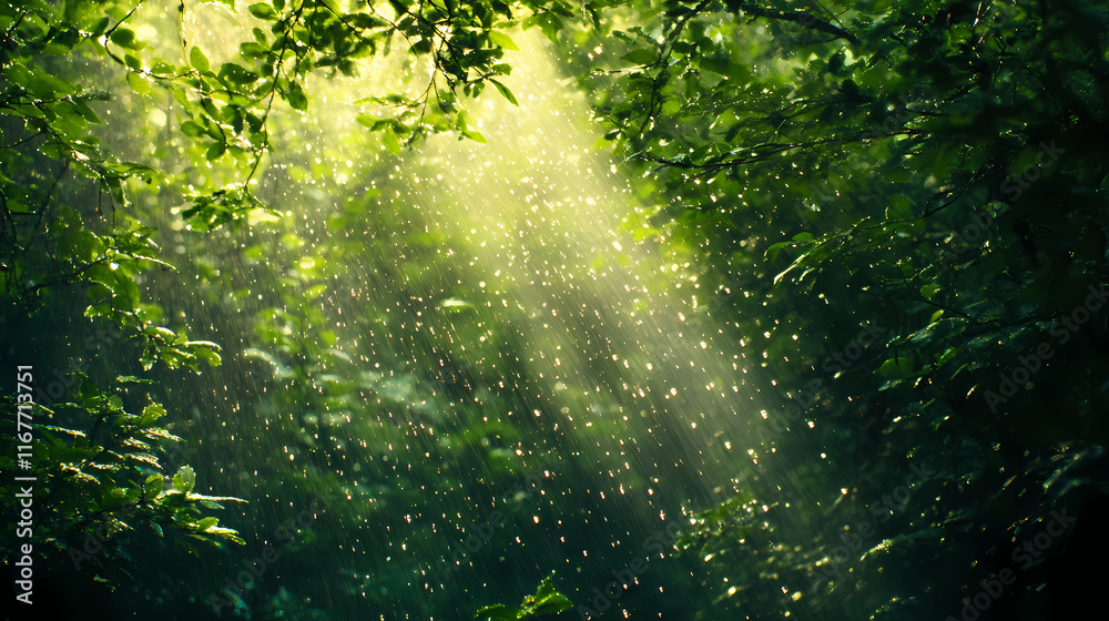 The canopy of a dense forest is adorned with raindrops and lush greenery as the sun casts dappled shadows on the ground, forestfloor, darkforest. Frostwind. Illustration The canopy of a dense forest is adorned with raindrops and lush greenery as the sun casts dappled shadows on the ground, forestfloor, darkforest. Frostwind. Illustration