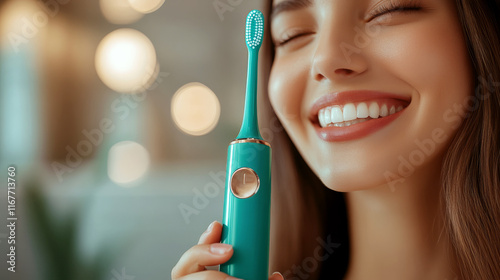 A woman holds a teal electric toothbrush while smiling with closed eyes. Concept of dental hygiene and happiness. For dental care promotion photo