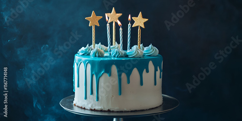 Blue Birthday Cake with Golden Stars Decoration