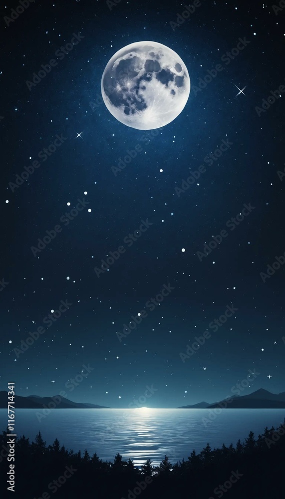 Full moon over serene lake at night, stars shimmering in the dark sky. Peaceful landscape.