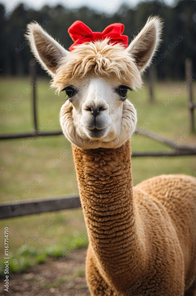 Obraz premium Golden-Brown Alpaca Wearing a Red Bow in Farm Setting