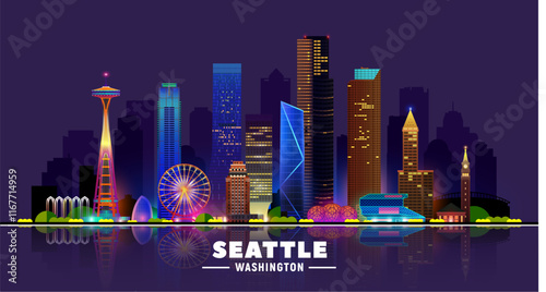 Seattle Washington night skyline vector illustration. Background with city panorama. Travel picture.