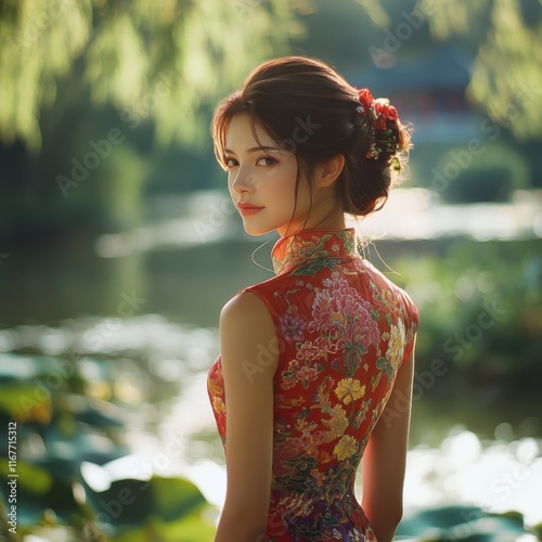 Elegant Chinese woman in traditional qipao near tranquil waters at sunset