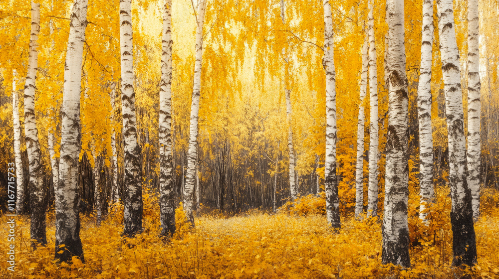 Autumn birch forest with golden leaves and white trunks Autumn birch forest with golden leaves and white trunks