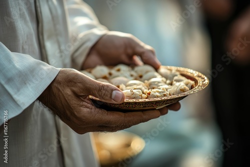 Person's hands hold ornate dish, containing sweet treats.