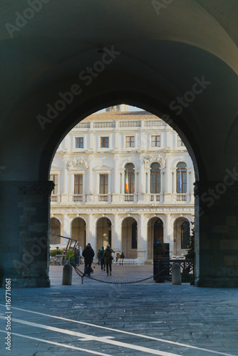 Foreshortening on Piazza Vecchia with the Palazzo Nuovo, seat of public library. Città Alta (upper city,) the historic centre of Bergamo, Italy