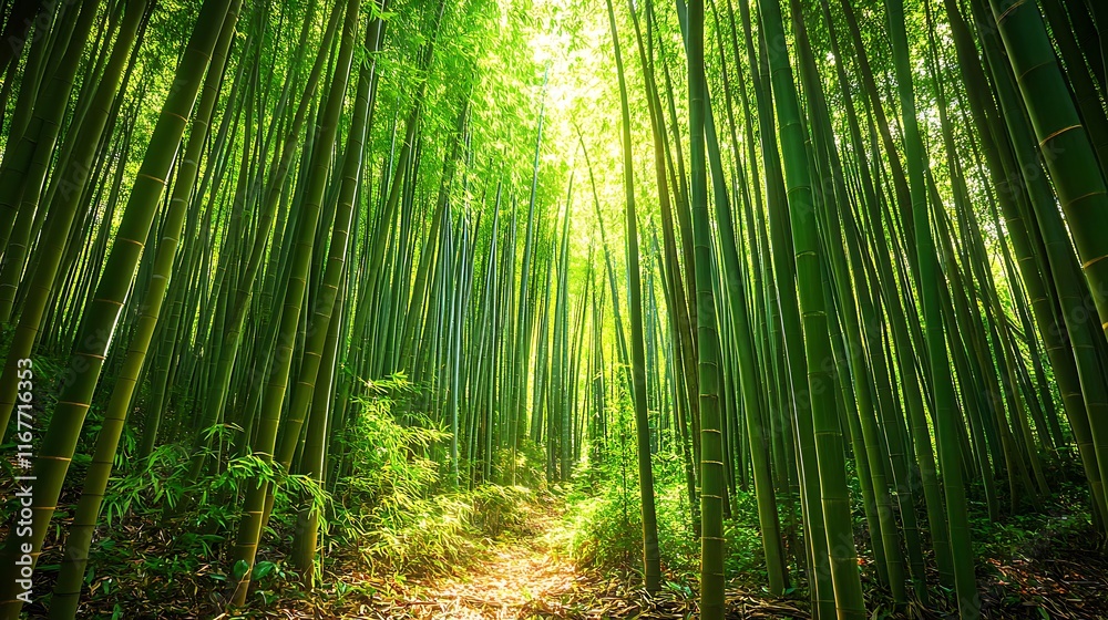 Fototapeta premium A dense bamboo forest with sunlight filtering through the tall, slender trees