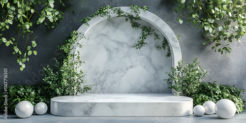 Elegant Marble Arch with Ivy and Spheres