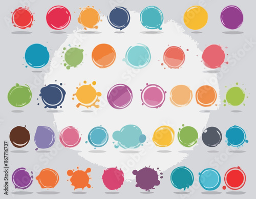 Colorful sphere set icons. Vector illustration. Glossy buttons infographic poster. Color balls circle frame template. Place for text. Paint drops for school kids design