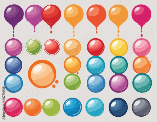 Colorful sphere set icons. Vector illustration. Glossy buttons infographic poster. Color balls circle frame template. Place for text. Paint drops for school kids design