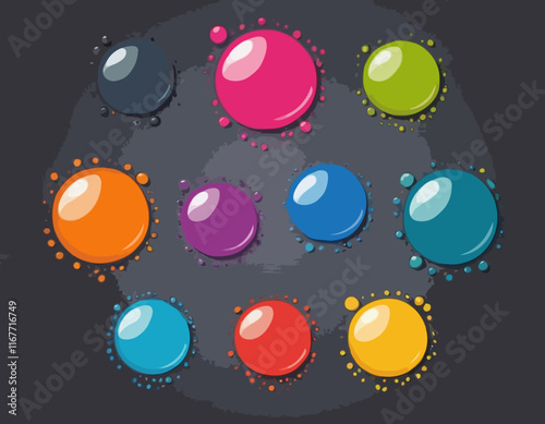 Colorful sphere set icons. Vector illustration. Glossy buttons infographic poster. Color balls circle frame template. Place for text. Paint drops for school kids design