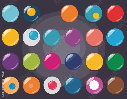 Colorful sphere set icons. Vector illustration. Glossy buttons infographic poster. Color balls circle frame template. Place for text. Paint drops for school kids design