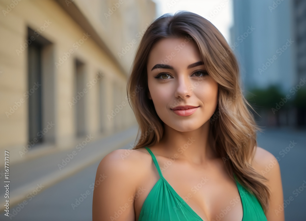 Attractive young woman smiling outdoors wearing green dress Attractive young woman smiling outdoors wearing green dress