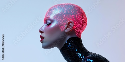 A woman with a glowing head and red lips. The woman is wearing a black outfit and has a futuristic look photo