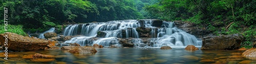 Serene waterfall cascading over rocks in lush green forest.